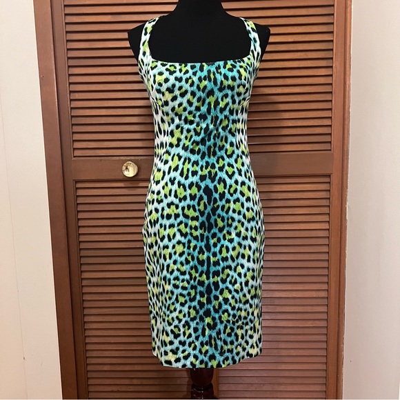 Just Cavalli Blue and Green Animal leopard Print Dress 42 NWT - Picture 1 of 16